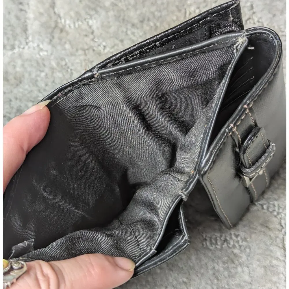 Wilsons Black Leather Trifold Wallet WOMENS SMALL buckle white stitch minimalist